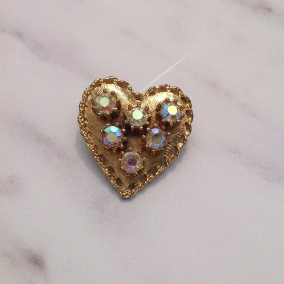 Gold Heart Shaped Brooch PENDANT Swarovski Rivoli Aurora Borealis Crystals - Picture 6 of 12